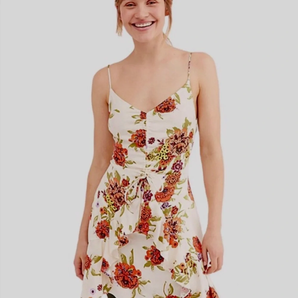 FREE PEOPLE HAPPY HEART FLORAL RUCHED MINI DRESS